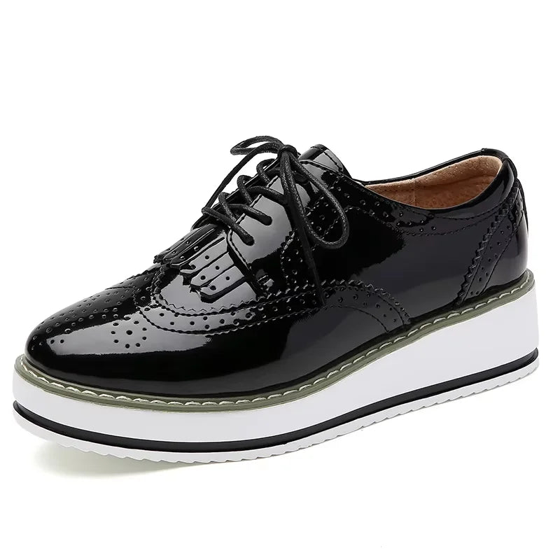 EOFK Spring Autumn Women Derby Platform Flats Brogue Leather Lace up Classic Bullock Footwear Gold Female Oxford Shoes Lady