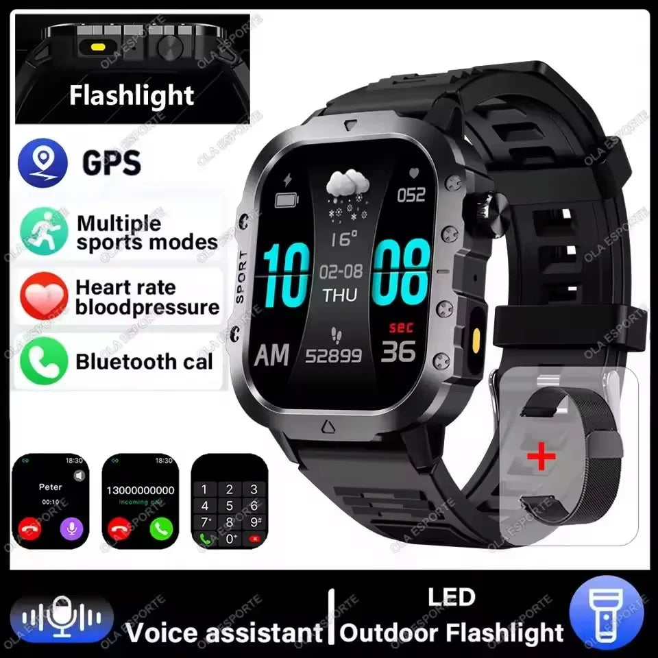 2026 New Military Outdoor Smart Watch Men's GPS Flashlight Bluetooth Call 2.01" AMOLED Screen 3ATM Waterproof Sports Smartwatch