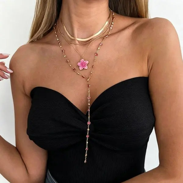 Trendy Gold Silver Color Glass Long Y-Shaped Necklace Metal Collarbone Chain Summer Holiday Party Bohemian Body Jewelry Gifts