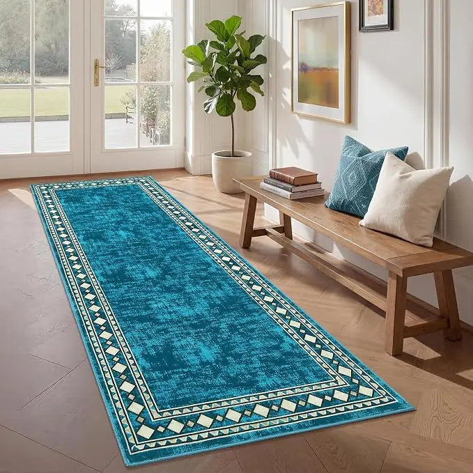Runner Rug Modern Bordered Hallway Runner Rug, Washable Area Rug Stain Resistant Non-Slip Carpet Minimalist Border Floor Cover Entryway Rug for Laundry Kitchen