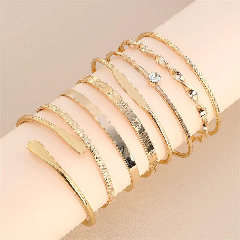 8pcs/set Fahsion Twist Texture Crystal Geometric Bangles Bracelets Set for Women Statement Jewelry Accessories