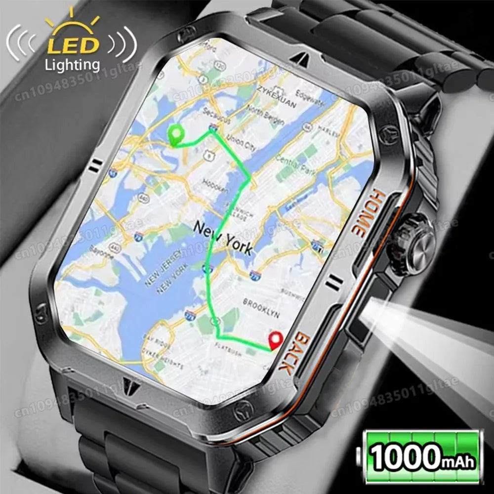 2026 New Military Outdoor Smart Watch Men's GPS Flashlight Bluetooth Call 2.01" AMOLED Screen 3ATM Waterproof Sports Smartwatch