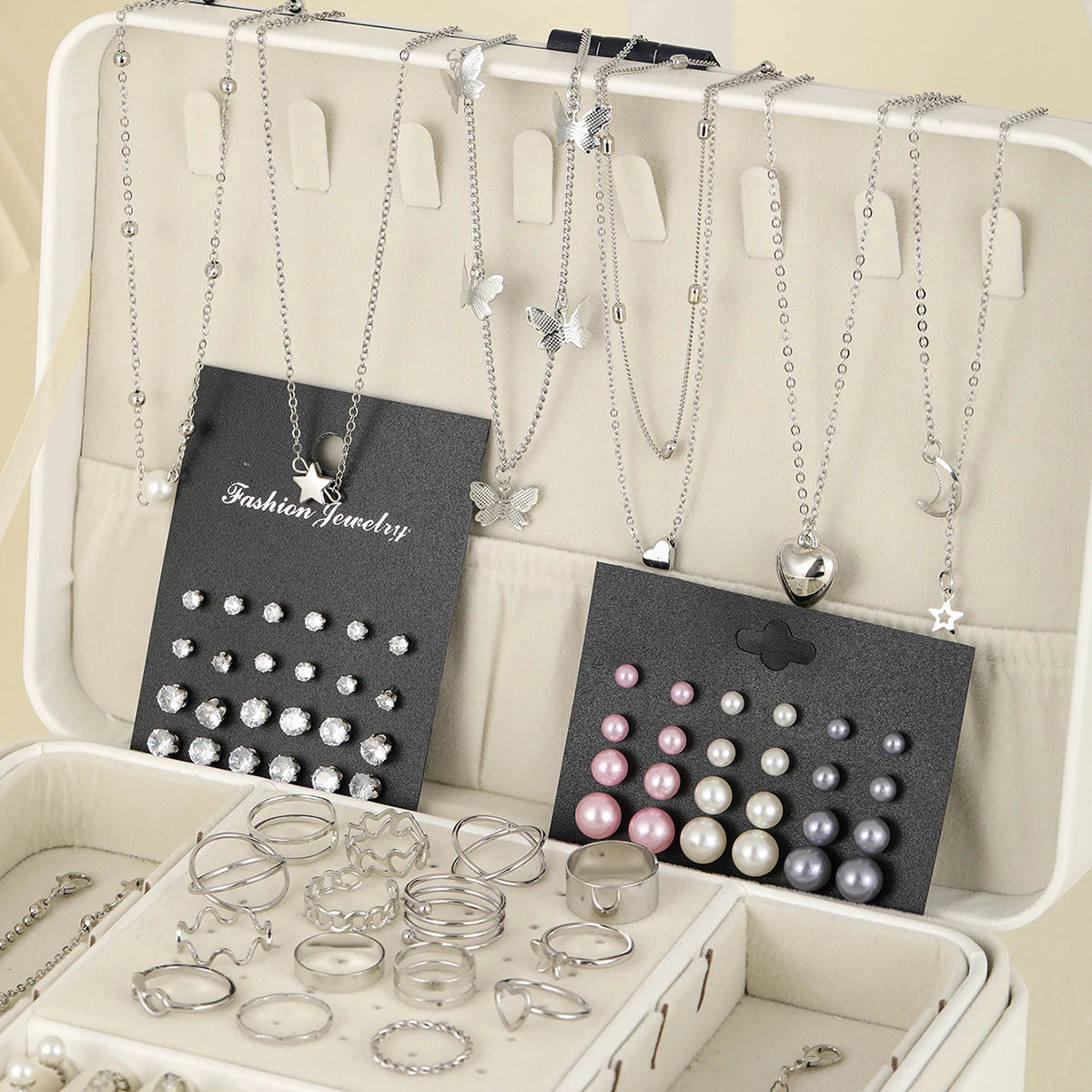 81 Pcs Vintage Elegant Imitation Pearl Zircon Butterfly Pendant Earrings Ring Necklace Bracelet For Women Daily Wear Jewelry Set