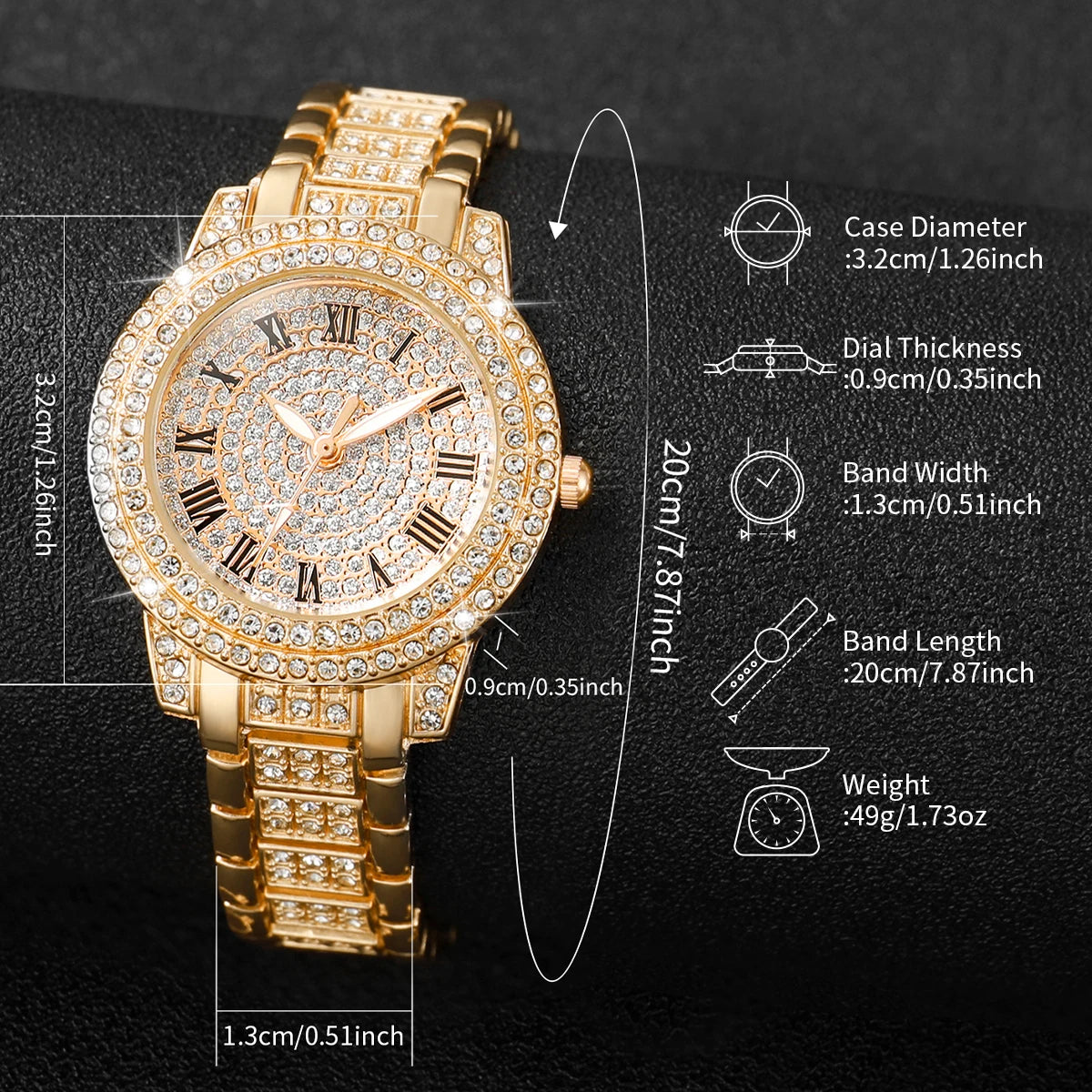 6PCS Luxury Rhinestone Women Watches Jewelry Set Ladies Roma Dial Quartz Watch Reloj Mujer Girls Clock Gift (Without Box)
