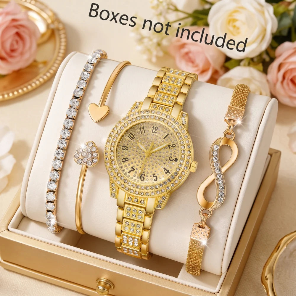 4Pcs/Set Unisex Jewelry Watches Women's Wristwatch Accessories Gold Trendy Fashionable Elegant Classic Exquisite Light Luxury Rhinestone Luxury Roman Numeral Dial Round Dial Quartz Watch Set Y2K Suitable for Travel, Parties,