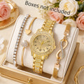 4Pcs/Set Unisex Jewelry Watches Women's Wristwatch Accessories Gold Trendy Fashionable Elegant Classic Exquisite Light Luxury Rhinestone Luxury Roman Numeral Dial Round Dial Quartz Watch Set Y2K Suitable for Travel, Parties,