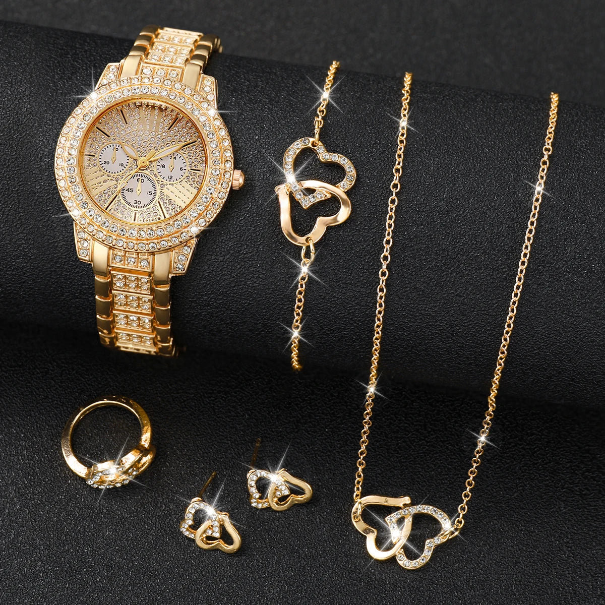 6PCS Luxury Rhinestone Women Watch Jewelry Set Ladies Fashion Alloy Strap Quartz Wristwatch Reloj Mujer Girls Clock(Without Box)