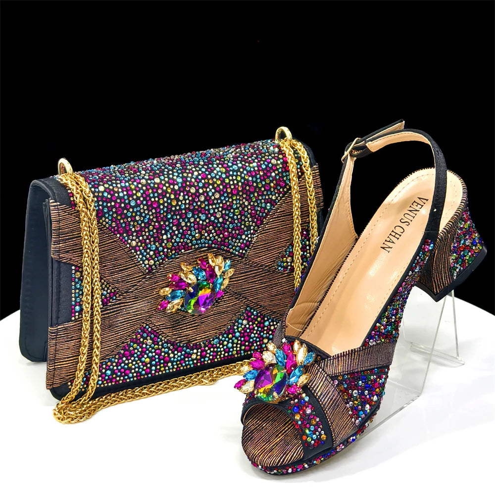Venus Chan Elegant 2025 Gold Peep-Toe Heels with Diamond Accents - Italian Matching Pumps and Bag Set for Parties
