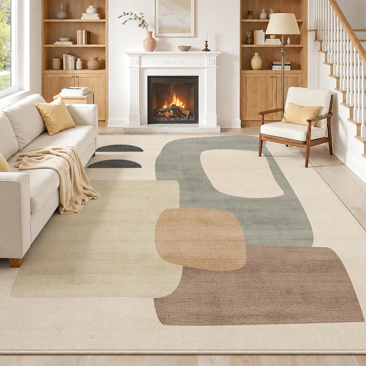 Large Abstract Geometric Area Rug, Soft Velvet Low Pile with Non-slip Dotted Backing, Machine Washable Neutral Modern Indoor Floor Carpet for Living Room Bedroom Decor