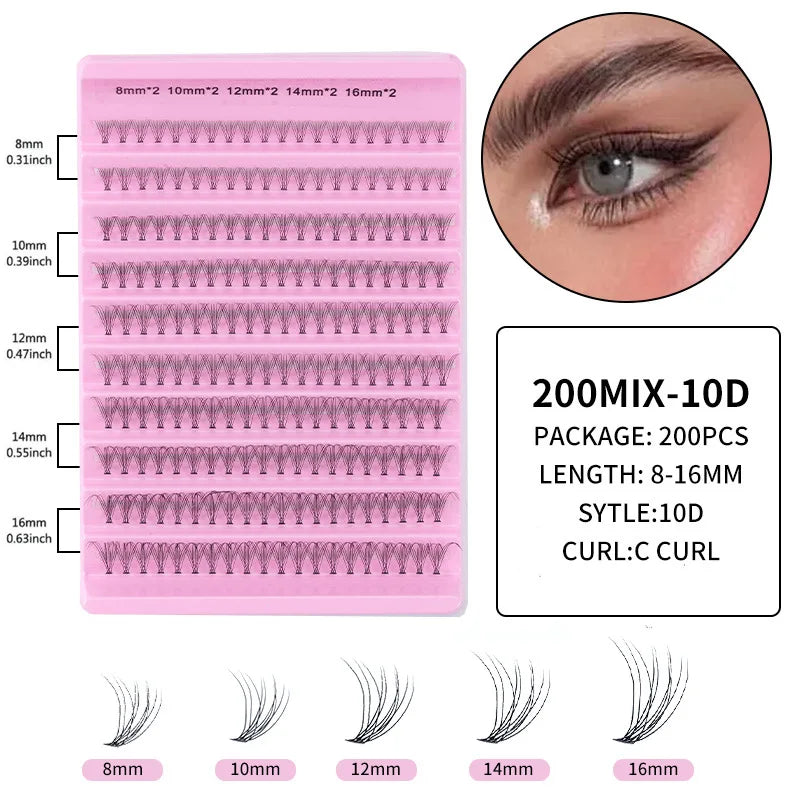 MIAOJIE 200pcs 30D Cluster False Eyelashes Set, DIY Eyelash Extensions, 0.05mm Thickness, D Curl, Mixed Lengths 8-16mm