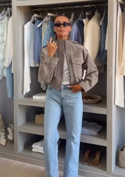 Women Faux Suede Cropped Jacket Stand Collar Zip Up Flap Pockets Loose Oversized Long Sleeve Jacketsfashion 2026 New Autumn Coat