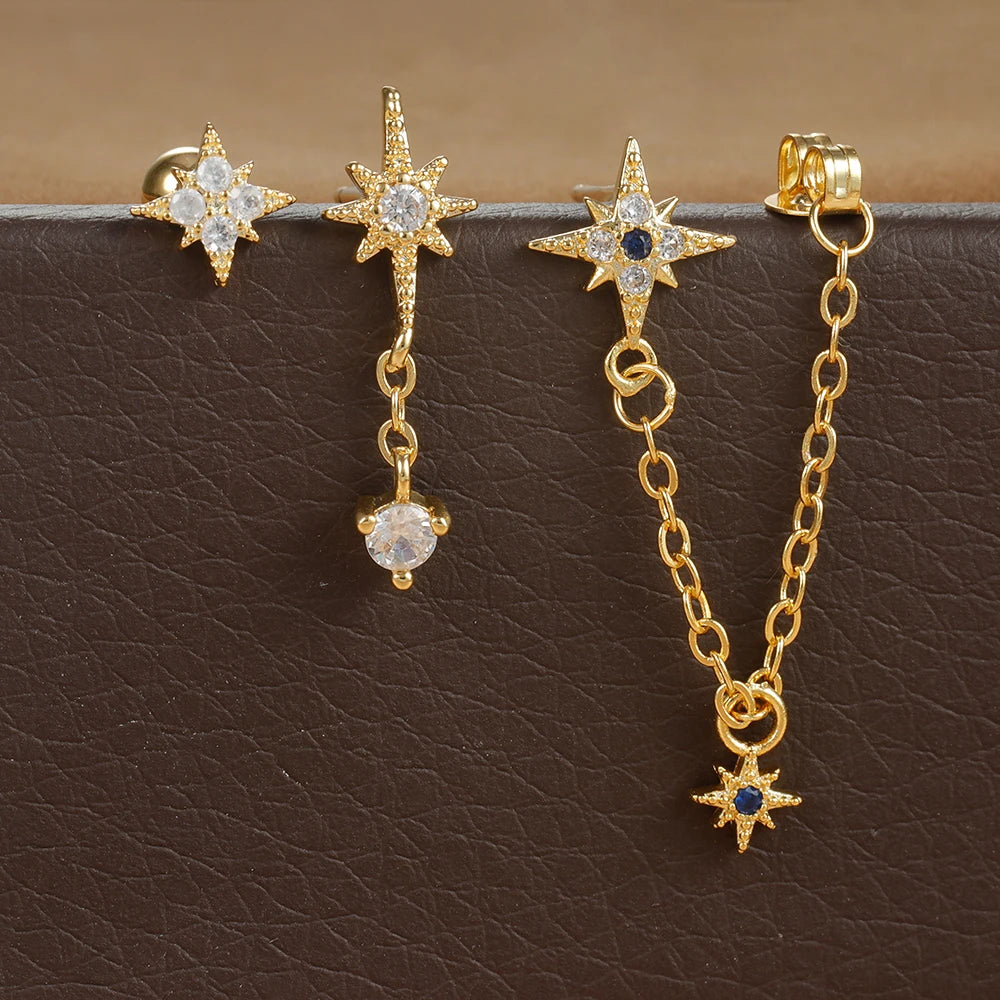 3PCS Gold Color Star Earrings Set for Women Zircon Pendant Stainless Steel Hoop Earring Trend Wedding Jewelry pendientes mujer