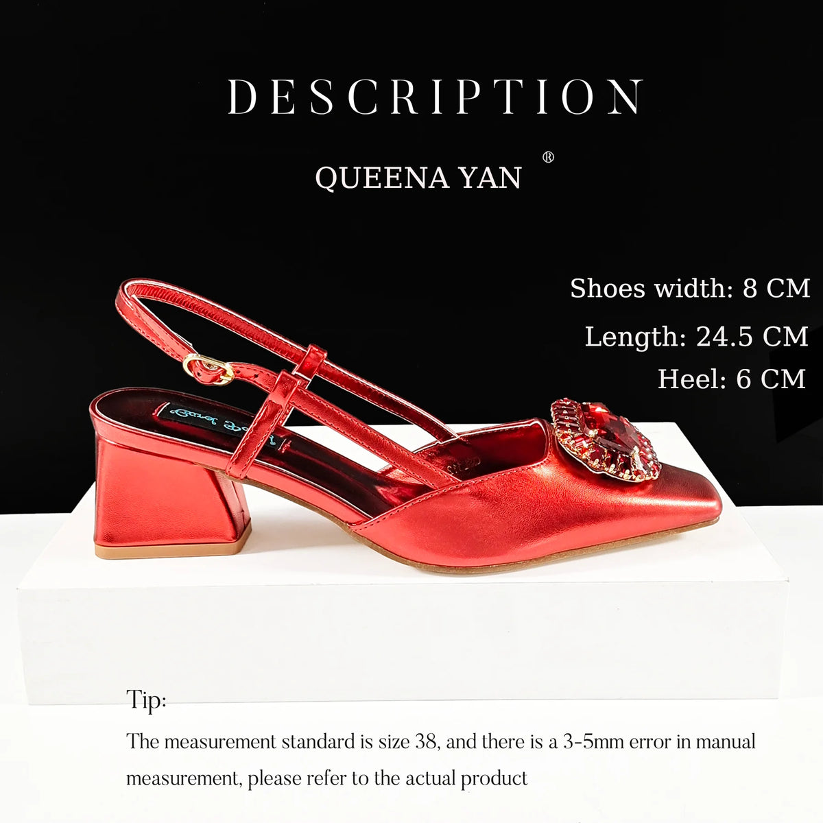 Queena Yan Elegant Comfortable Mid-Heeled Shoes Sparkling Diamonds Pointed-Toe Design Ladies High Heels
