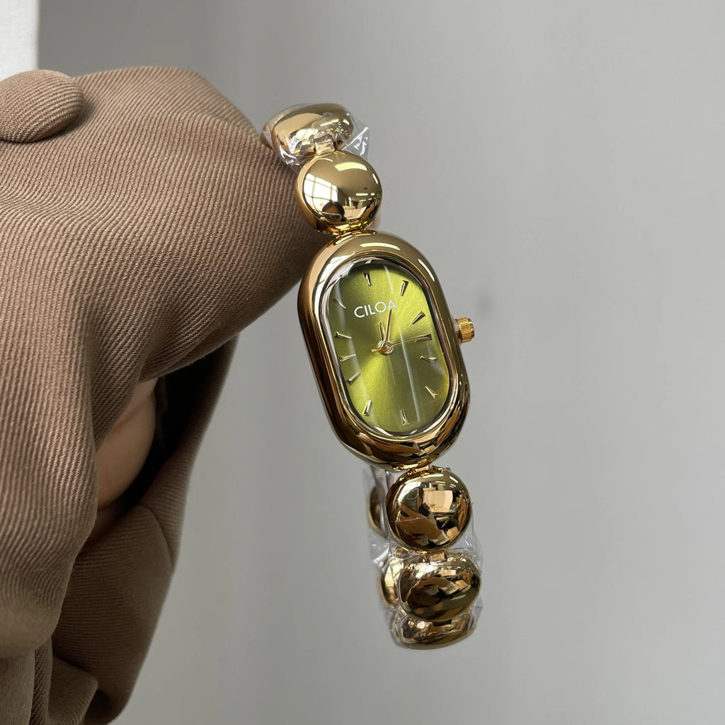 CILOA Women Oval Quartz Watch Green Dial Golden Bead Metal Bracelet Elegant Casual Wrist Watch-767