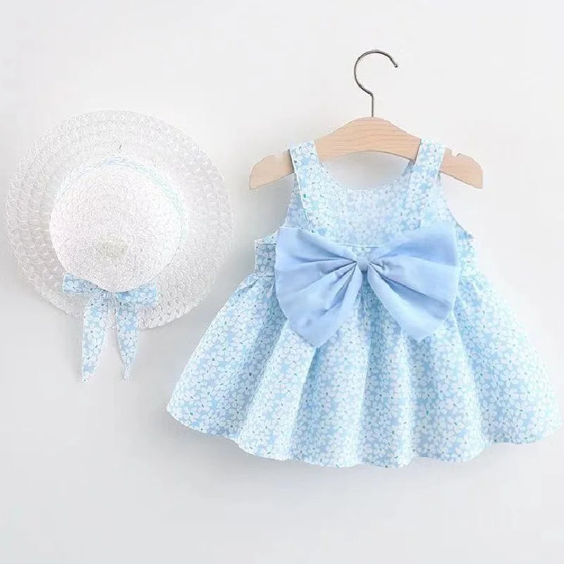0-3-Year-Old Baby Clothes Summer Seaside Vacation Children's Dress Floral Sleeveless Bow Girl Princess Dress+Hat