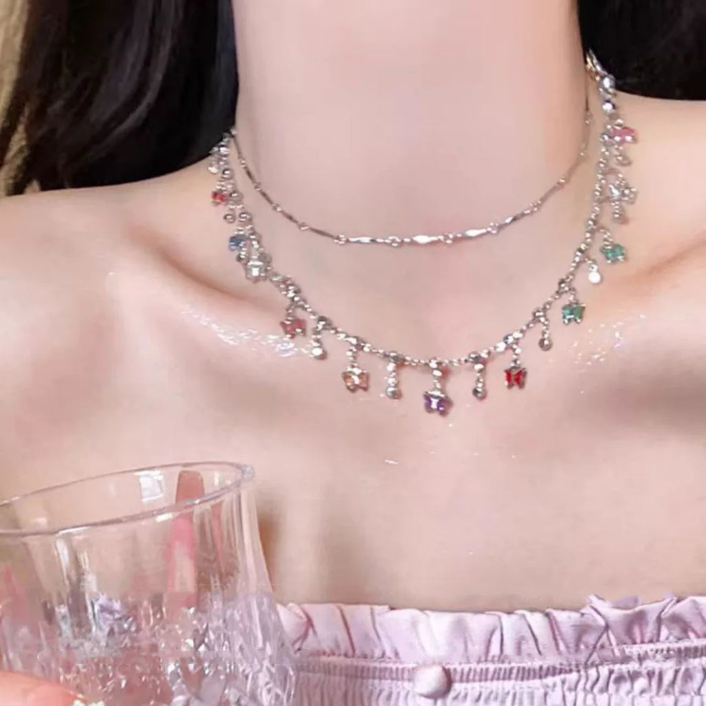 Luxury Crystal Zircon Butterfly Tassel Necklace for Women Elegant Double Layer Clavicle Chain Necklace Party Wedding Jewelry