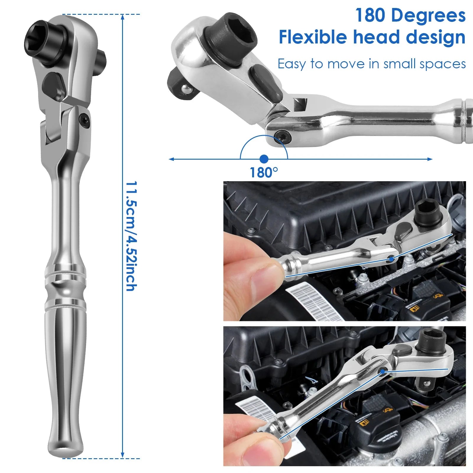 Ratchet Handle Chrome Vanadium Steel 2-in-1 Multi-Purpose Reversible Resilient Head Ratchet Wrench 1/4'' Drive Ratchet Handle
