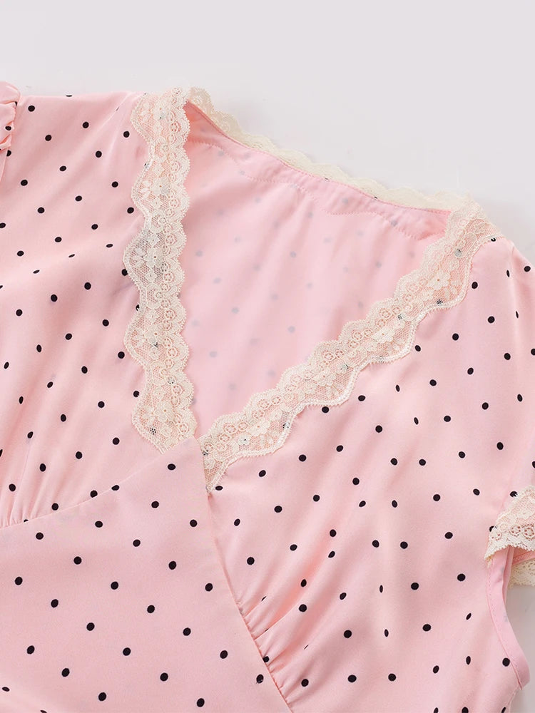 Chu Sau beauty Women New Fashion Sweet Polka Dot Print Chic Lace Patchwork V-neck Long Dress Vintage Short Sleeve Party Dresses