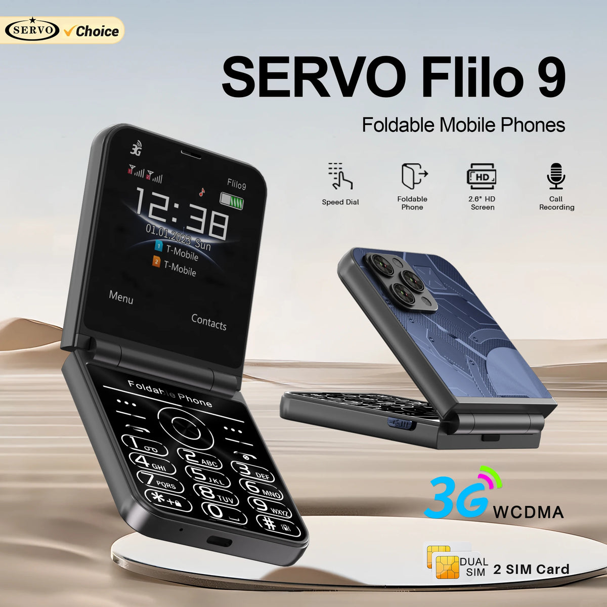 SERVO Flilo9 3G Mobile Phone Dual SIM Standby Call Recording Speed Dial FM Radio Blacklist Flashlight Foldable Button Cellphones