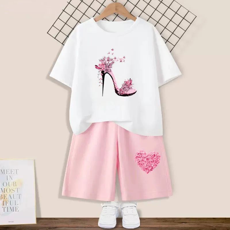 2024 Summer Girls Cotton Clothing Sets Kids Cute Cartoon Butterfly High Heel T-shirt +Shorts 2Pce Suits Childrens Tracksuits