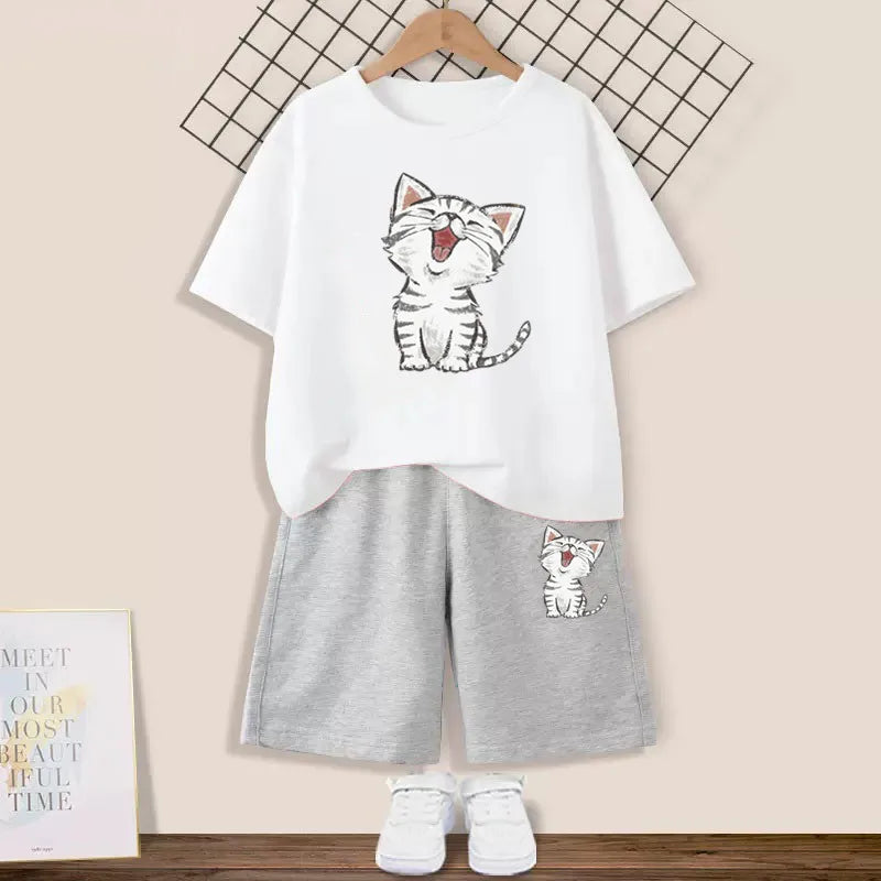 Girls Happy Cat Printed 2PC Outfit Set Summer Fashion Short Sleeve T-Shirt And Shorts Combo Cute Kids Clothing