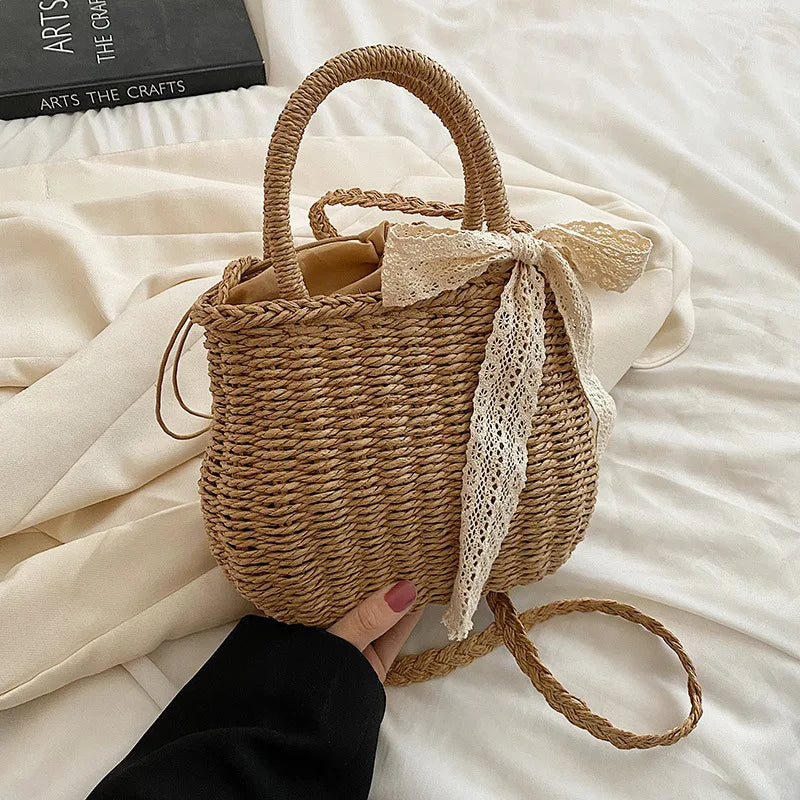 Women Summer Straw Rattan Woven Tote Small Clutch Bags Retro Ladies Beach Basket Handbags Vacation Travel Shopping Purse Bolsos