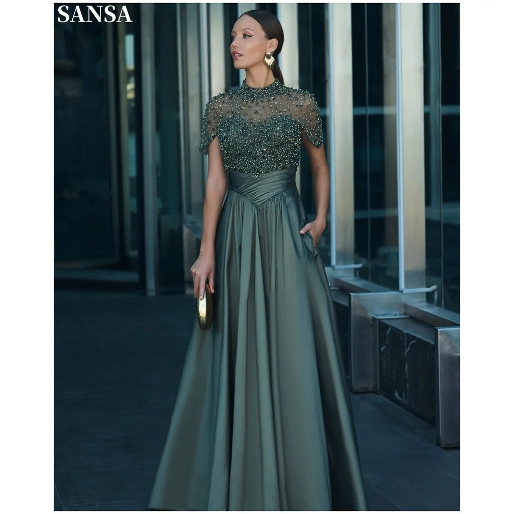 Sansa Customized Moss Green High Collar Short Cape Sleeve Evening Dress Full Rhinestone Mesh Top Pleated Floor Length Prom Gown