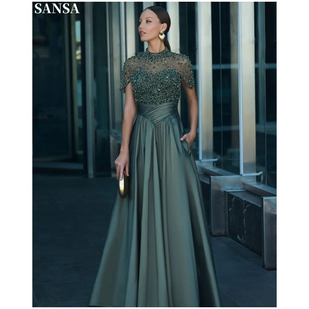 Sansa Customized Moss Green High Collar Short Cape Sleeve Evening Dress Full Rhinestone Mesh Top Pleated Floor Length Prom Gown