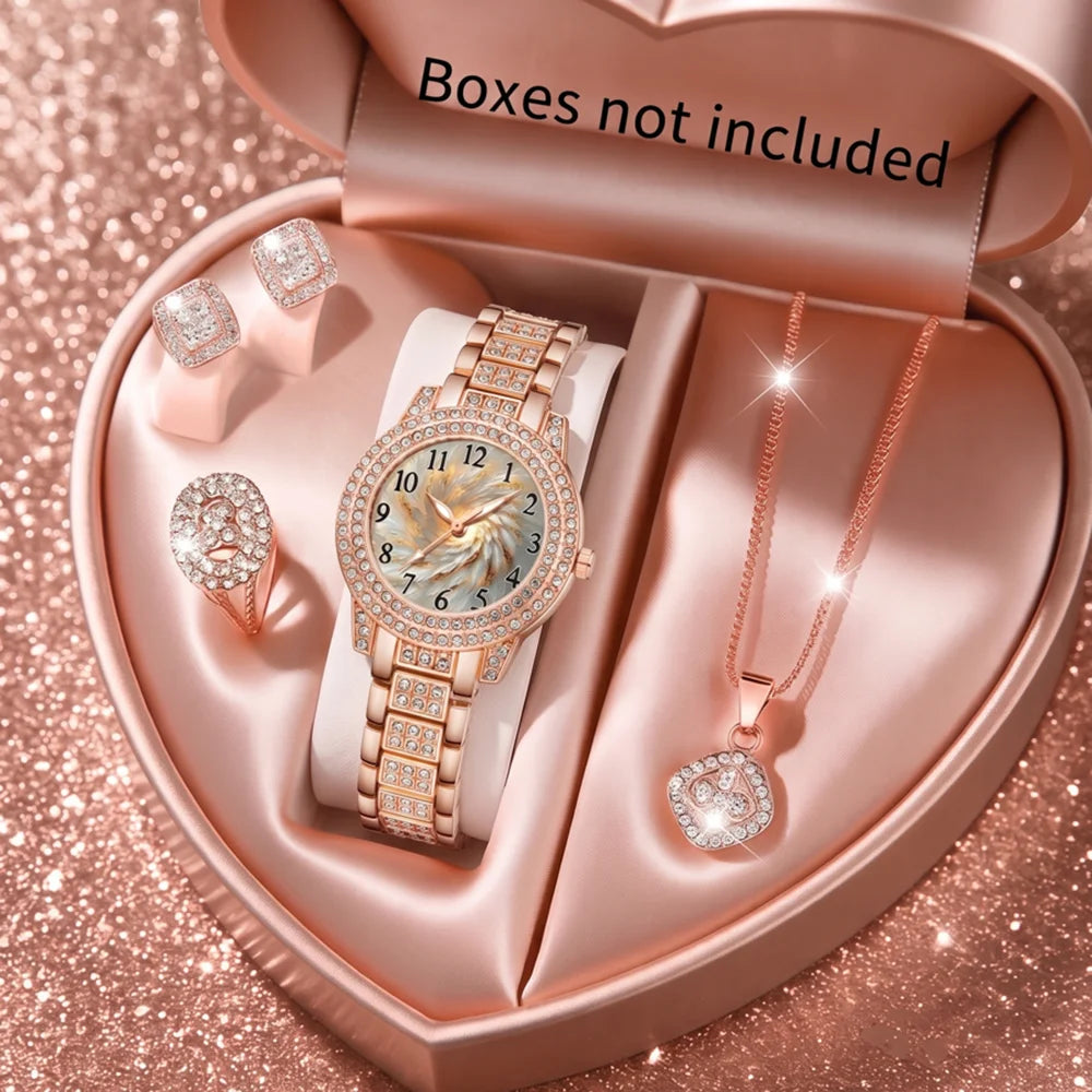 5Pcs/Set Unisex Jewelry Watches Women's Wristwatch Accessories Rose Gold Fashion Business Elegant Trendy Classic Exquisite Retro Light Luxury Rhinestone Luxury Bracelet Watch Set Y2K Suitable for Travel, Vacation, Parties, Da