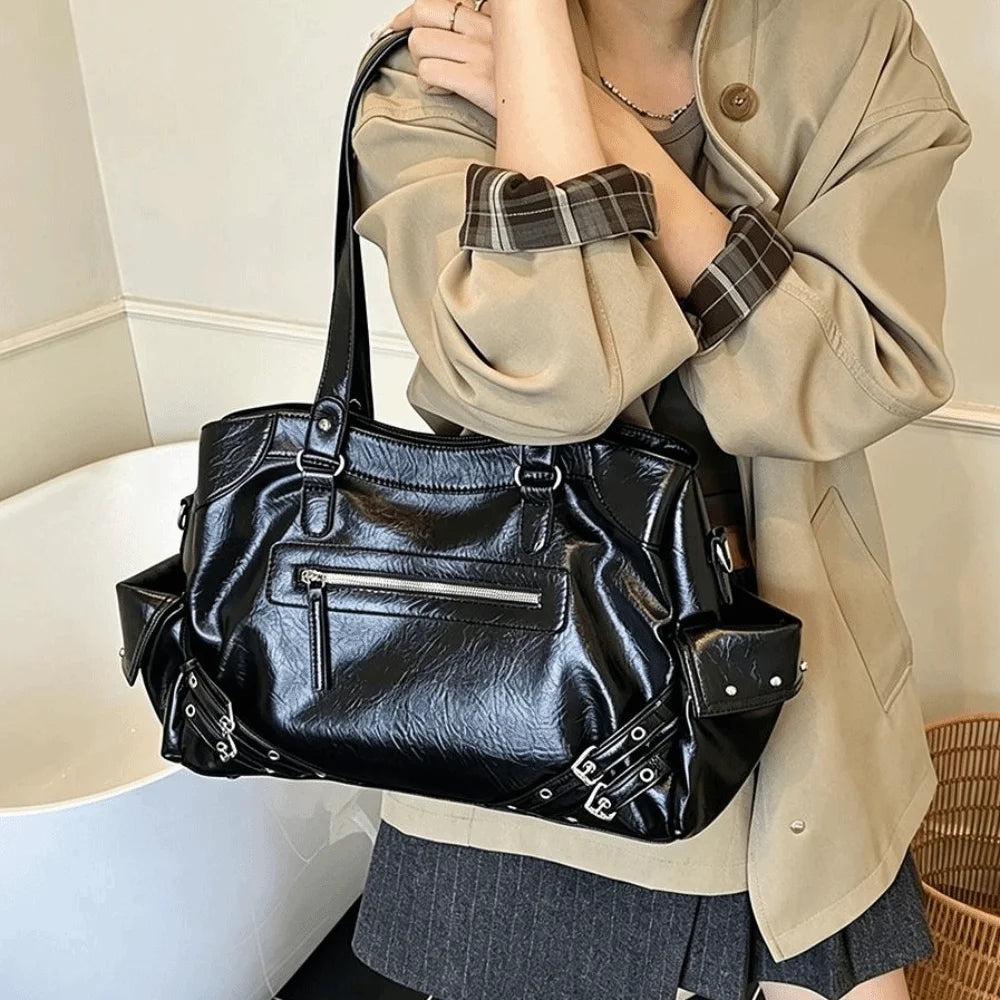 New Large Capacity PU Leather Tote Bag Y2K Style Zipper Closure Shoulder Bag Soft Interior Handbag Women Fashion