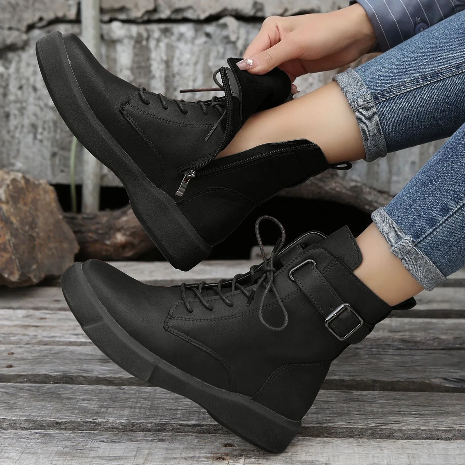 Women'S Fashionable Versatile Ankle Boots British Retro Belt Plus Velvet Short Suede Boots For Women Lace Up Flat Shoes Botines