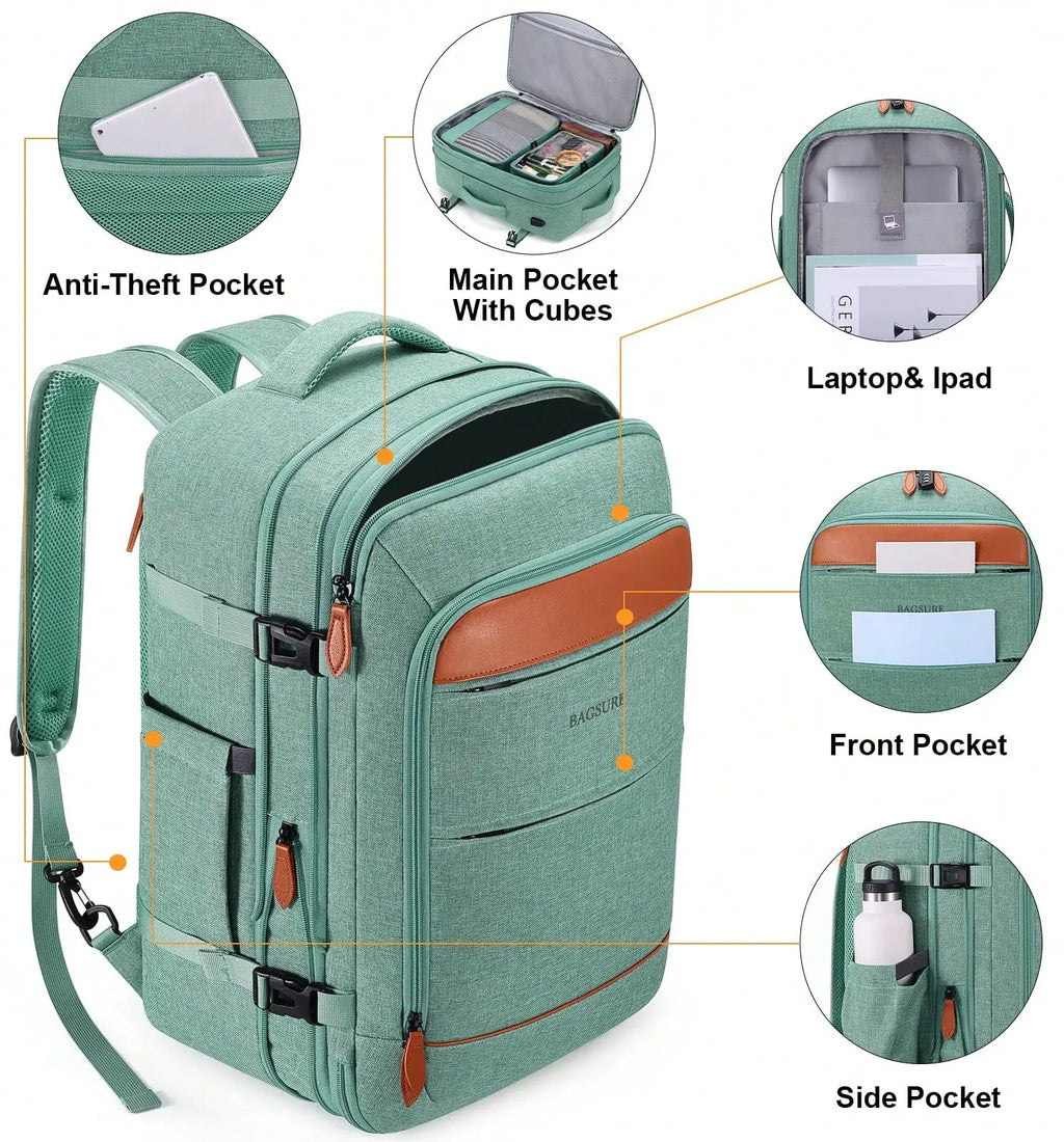 5PCS Travel Backpack Carry On Backpack 42L Flight Approved, Expandable Laptop Backpack With Packing Cubes & Shoe Pocket