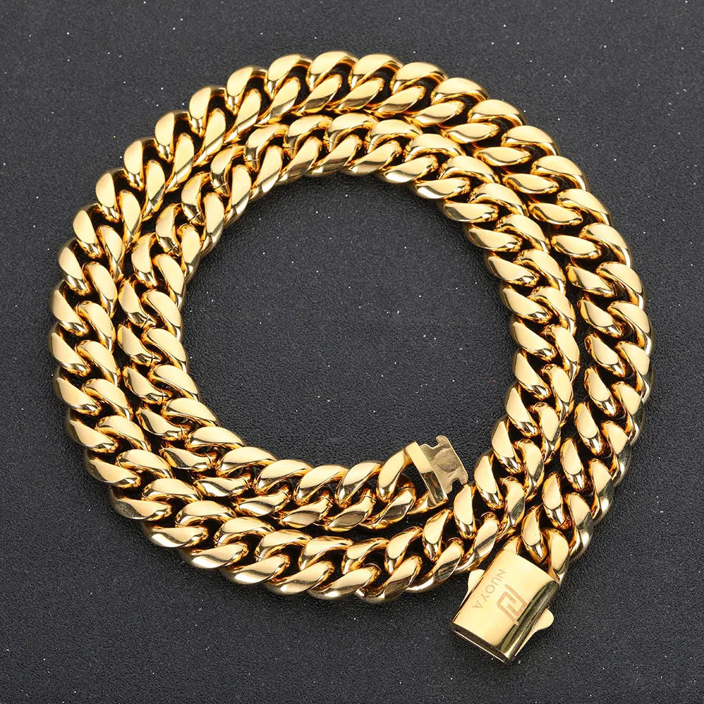 Hip Hop PVD Plated Stainless Steel Cuban Necklace with Snap Clasp Men Miami Cuban Link Chain Jewelry For Women's Free Laser Logo