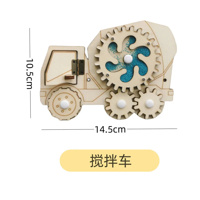 DIY Montessori Busy Board Wooden Accessories Hand Pulled Wheel Gear Drum Car Board Castle Early Educational Toy For Childre Gift