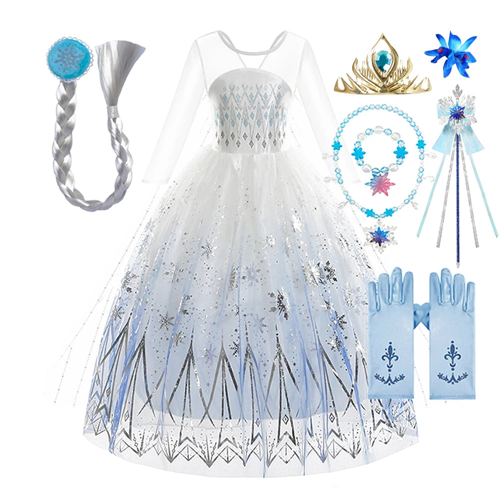 Children Carnival White Elsa Cosplay Dress Girls Elegant Princess Costume Kids Halloween Birthday Party Clothes