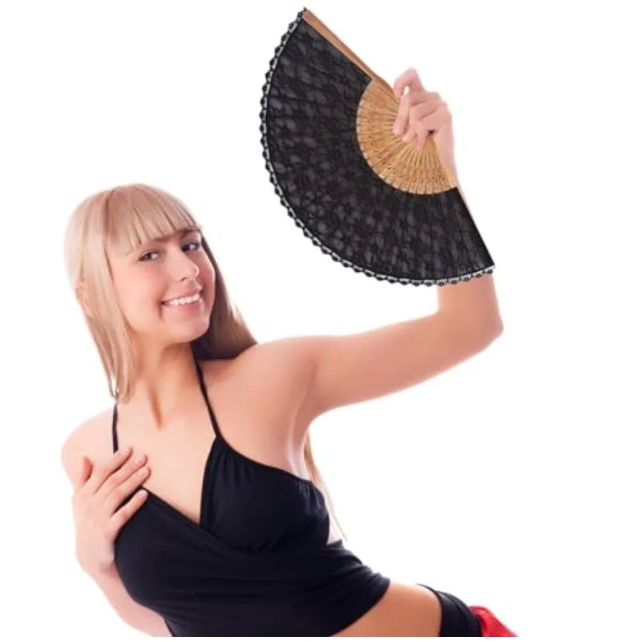 Chinese/Japanese Vintage Retro Style Bamboo Wood Silk Folding Hand Fan for Women 23cm with Tassel Pendant and Silk Pouch