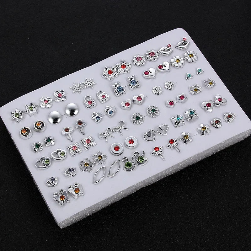 36pairs/set Silver Color Flower Stud Earring Set For Women Girl Crystal Bear Animals Earrings Jewelry Gift Mix Styles