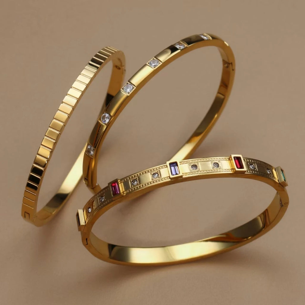 C8 Inlay Square Small Coloured Zircon Stainless Steel Gold Color Stacking Bracelet, Cubic Zircon Design Women's Jewellery Bangle