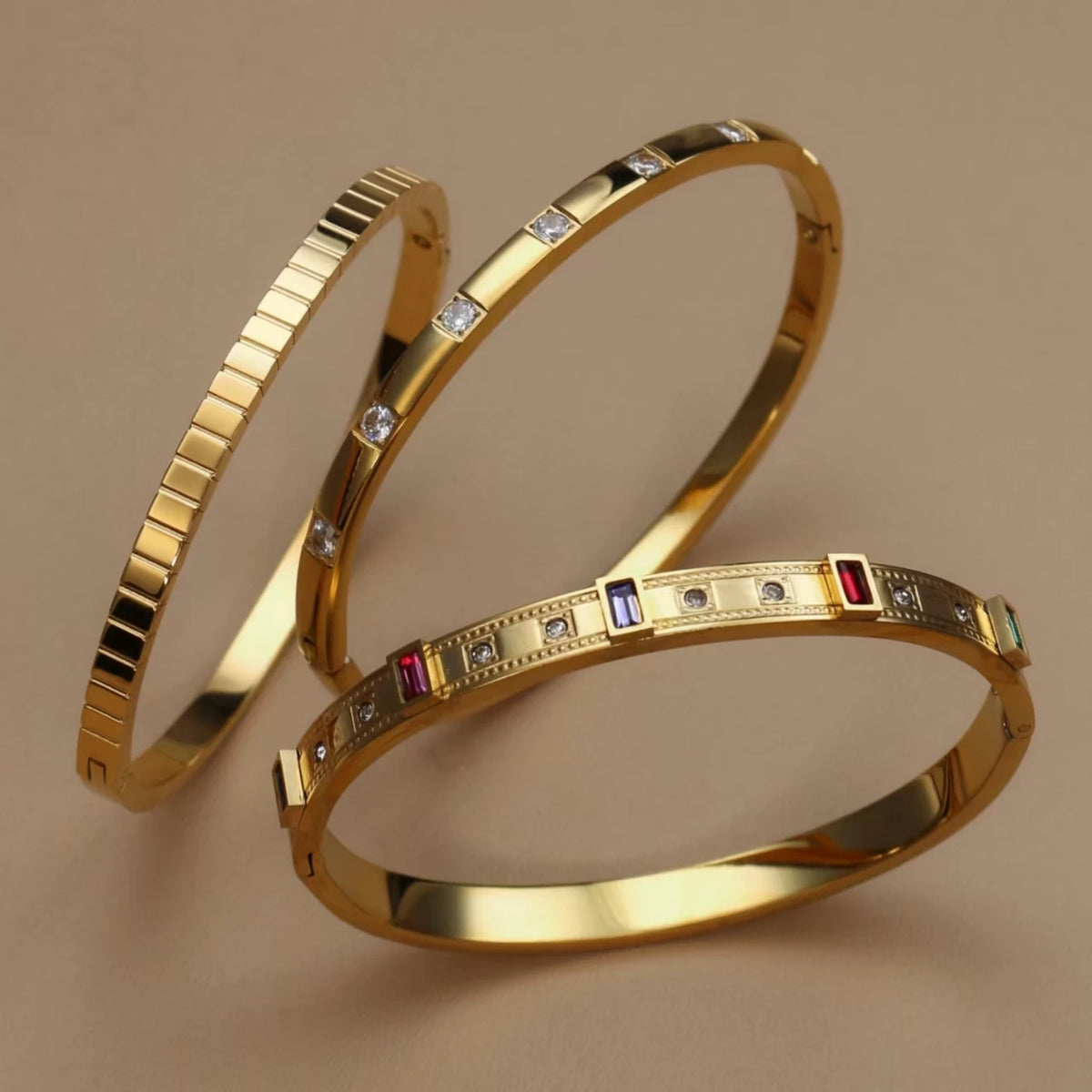 C8 Inlay Square Small Coloured Zircon Stainless Steel Gold Color Stacking Bracelet, Cubic Zircon Design Women's Jewellery Bangle