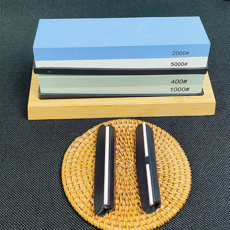 Professional Knife Sharpening Stone Kit 400/1000 3000/8000 Grit Non-slip Bamboo Base Double-side Knife Whetstone Angle Guide