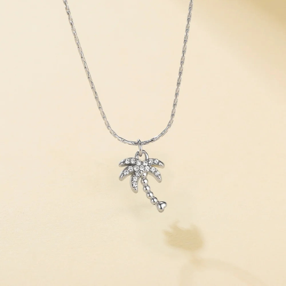 Skyrim Clear Zircon Coconut Tree Pendant Necklace Stainless Steel Gold Color Chain Choker for Women Plant Jewelry Wholesale