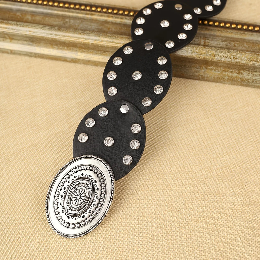 1 Piece of Women's Black Round Cake PU Belt with Bohemian Style Floral Buckle, the First Choice for Shopping