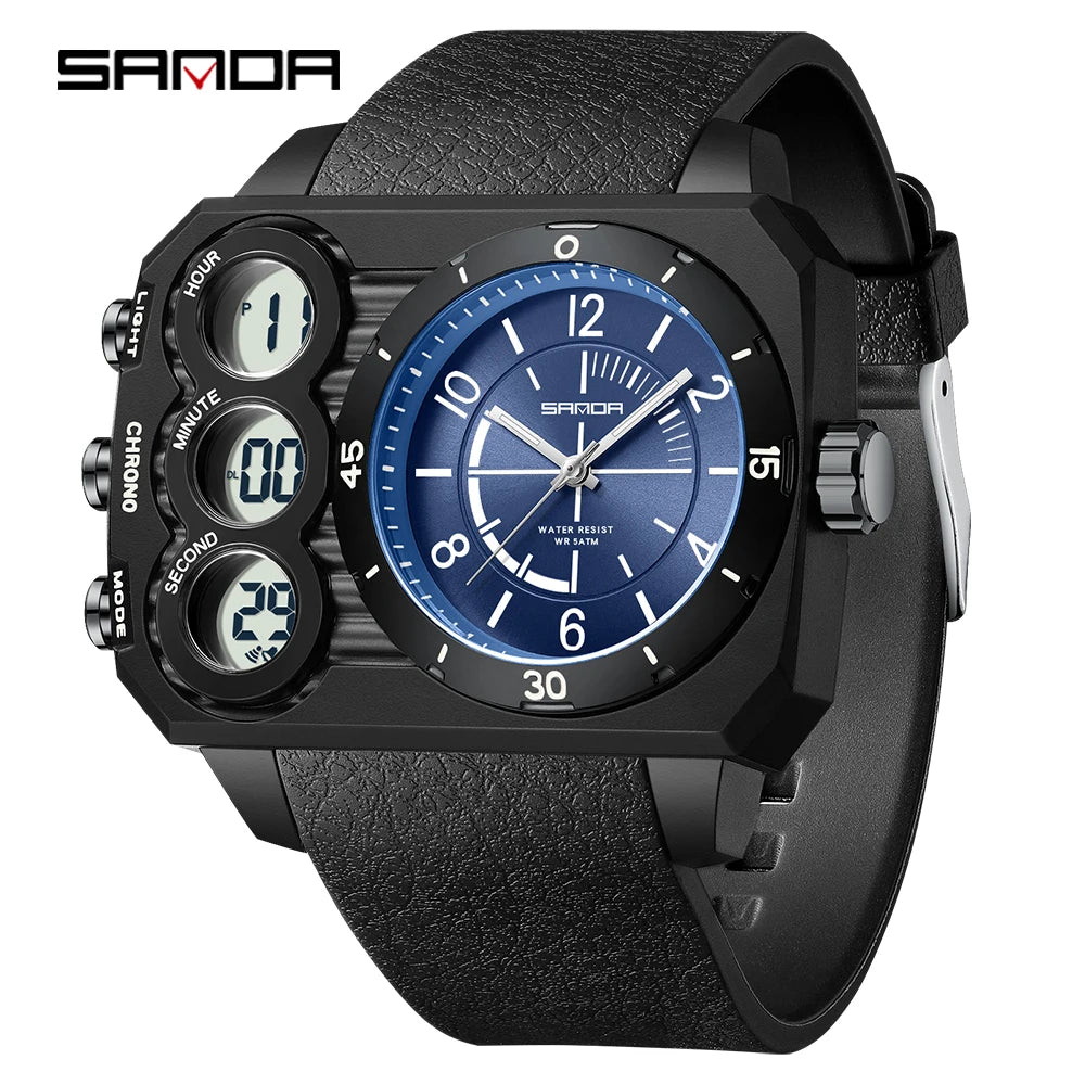 SANDA Men Watch Square Big Dial Waterproof Double Display Wristwatch Man Chronograph Digital Clock Men's Military Quartz Watches