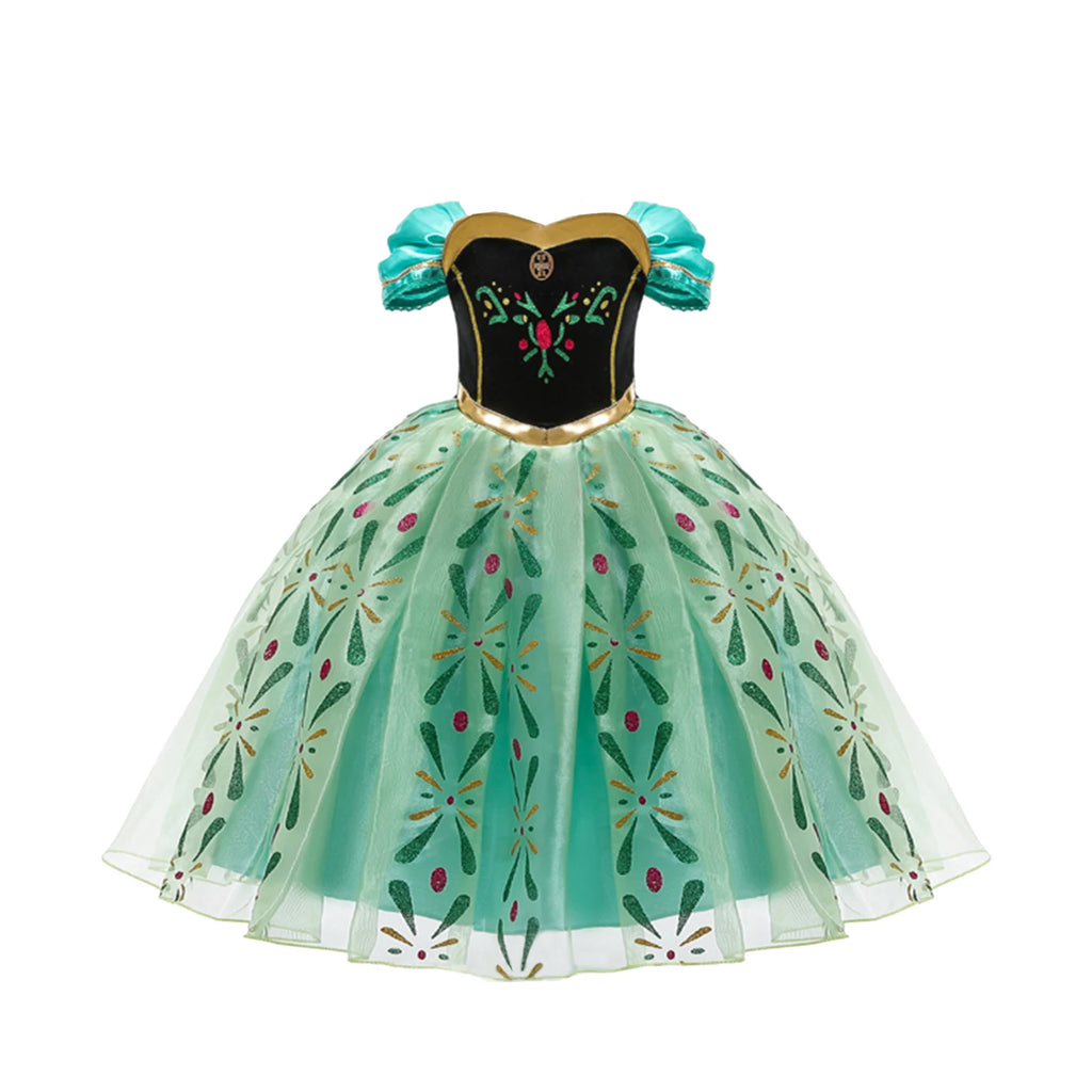 Girls Frozen Anna Green Princess Dress Kids Embroidery Flower Party Costume Mesh Material Short Sleeves Mid-Length For Beauty