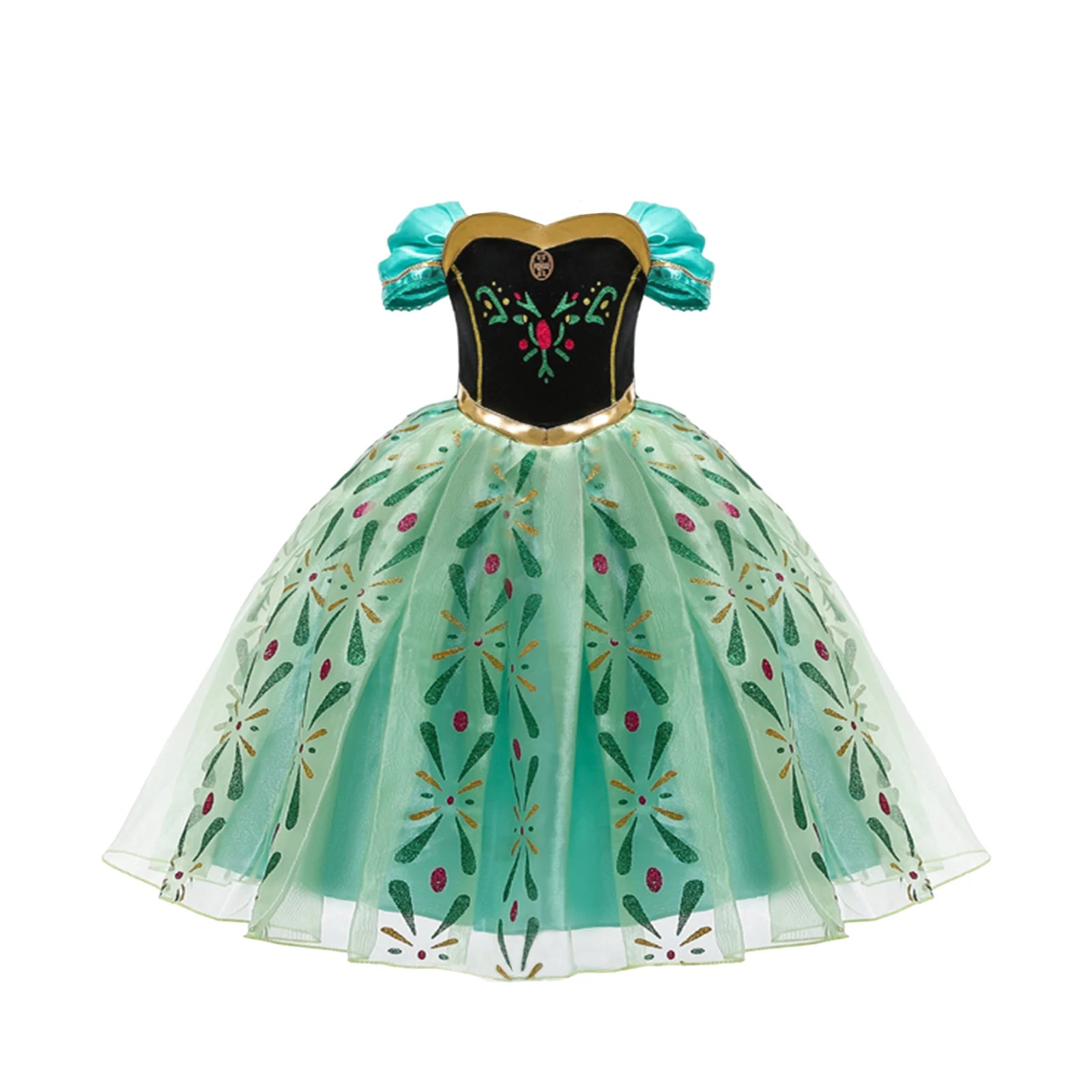 Girls Frozen Anna Green Princess Dress Kids Embroidery Flower Party Costume Mesh Material Short Sleeves Mid-Length For Beauty