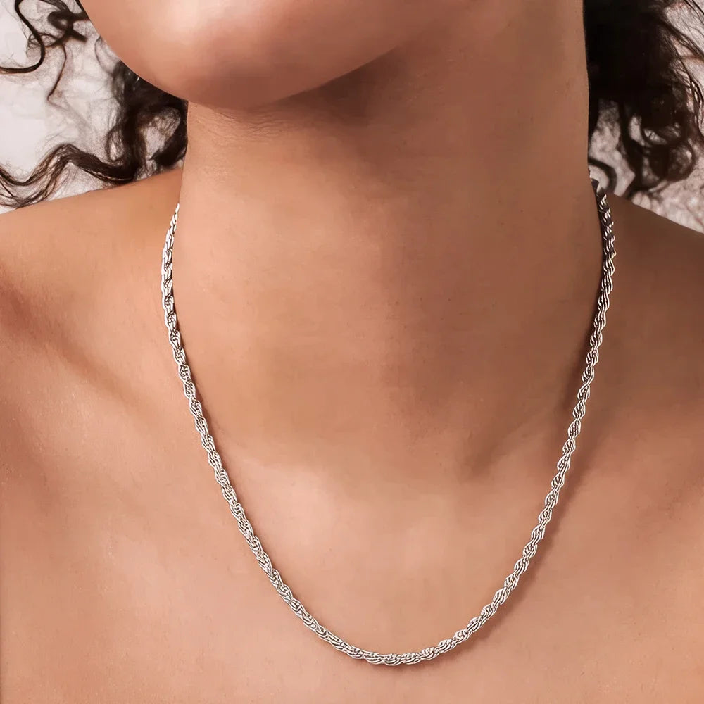 ALIZERO 925 Sterling Silver 4MM Rope Chain Necklaces For Women Men Fashion Hip Hop Party Punk Necklace Jewelry Wholesale