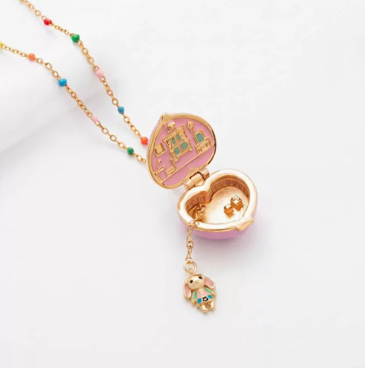 Fairy Tale Gingerbread House Necklace Open and Close Pendant Necklace Women Girls Enamel House Girl Necklace Jewelry Accessory