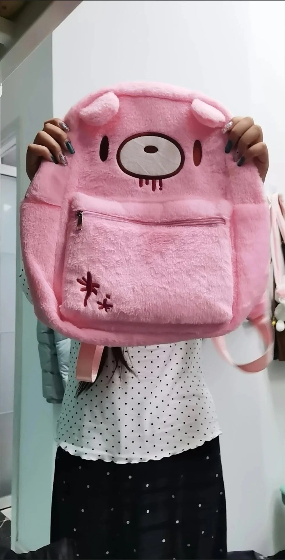 Y2K Pink Plush Bear Backpack Kawaii Creepy Cute Doll Bag Goth Punk Stuffed Animal Rucksack Women Girls Harajuku Streetwear Gift