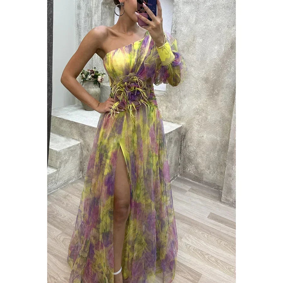 Women New Party Mesh Sloping Shoulder Dress Casual Fashion Sexy High Waist Long Maxi Loose Dress