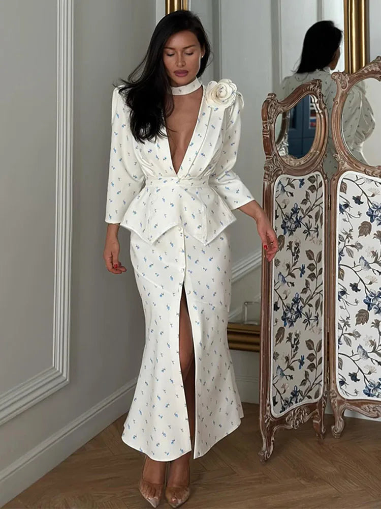 Elegant Women's Printed Waistband Stain Long Dress Slim Waist Cinched Bubble Sleeve Dresses 2026 Spring Summer Party Robes